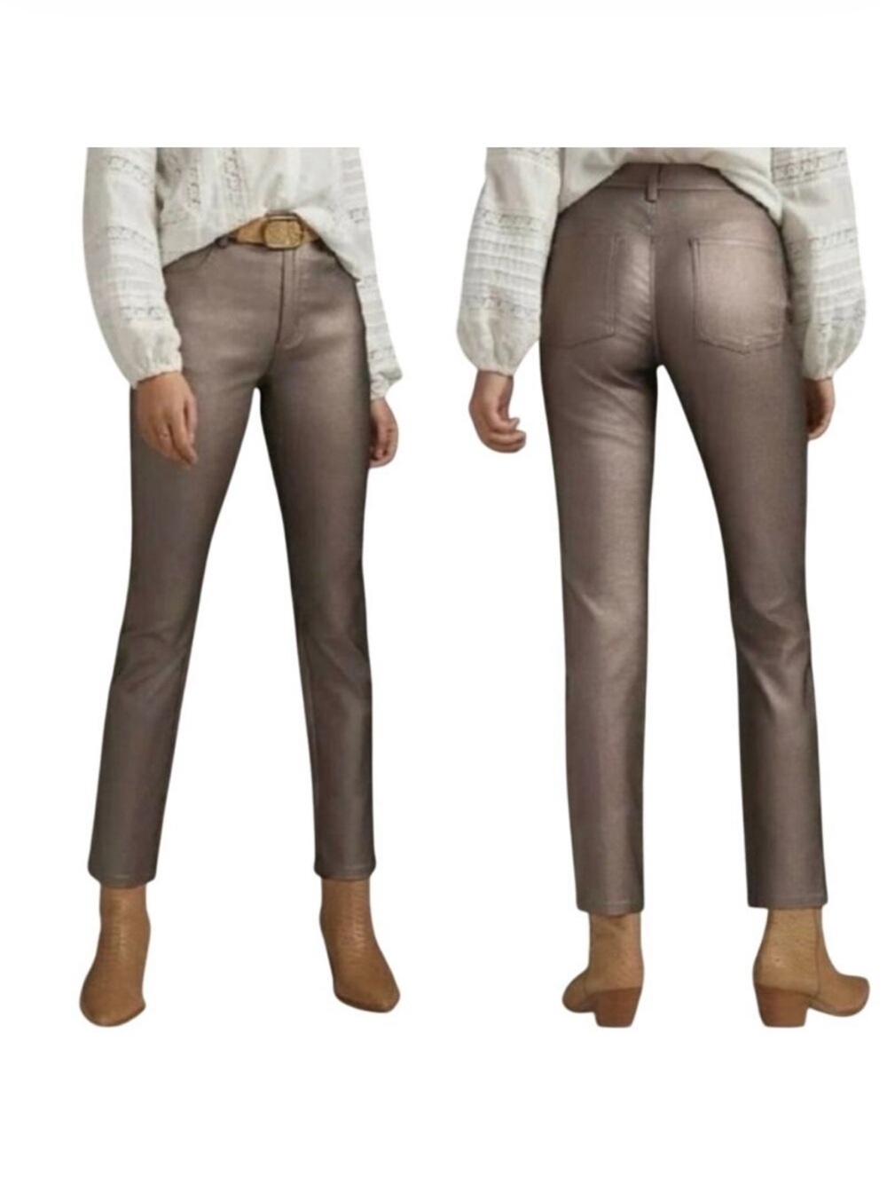Avec Les Filles Metallic Coated Straight Leg Ankle Pants Taupe Women's Size 29